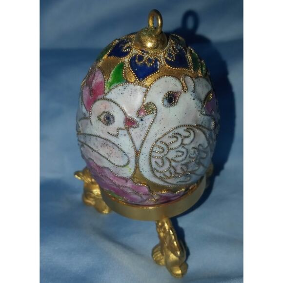Cloisonne Egg Ornament Vtg Love Birds Enamel With Goldtone Stand - Picture 6 of 6